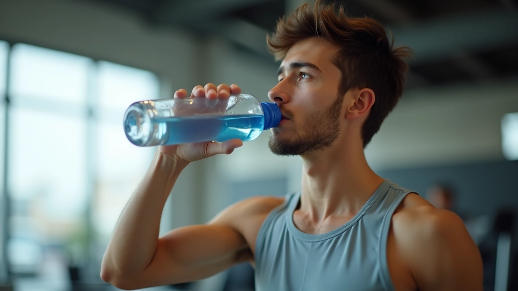 لاعب تنس يشرب الماء من زجاجة بعد تمرين مكثف، يرتدي ملابس رياضية رطبة من العرق