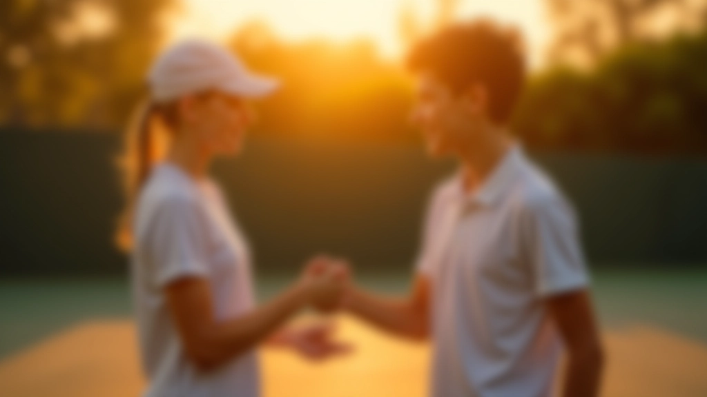 لاعب تنس شاب يصافح خصمه بعد المباراة، ملعب، ضوء غروب، روح رياضية عالية